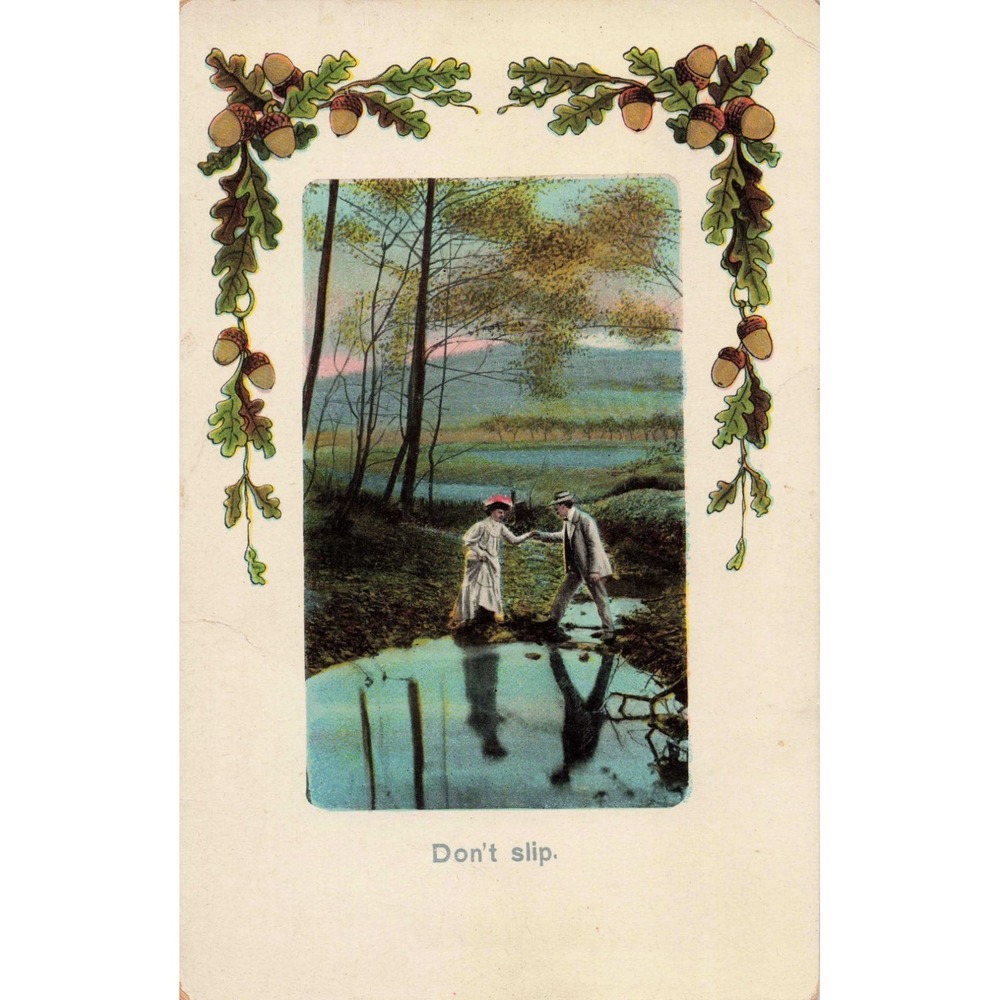 Vtg Antique Postcard Don't Slip Romantic Couple Oak Leaf Border Germany - Picture 1 of 2